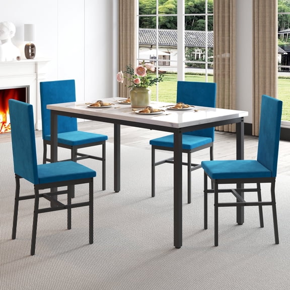 UHOMEPRO 5 Pieces Dining Table Set, Marble Top Dining Table and Chairs Set for 4, Blue Sturdy Iron Frame Dining Room Table Set with 4 Velvet Upholstered Chairs for Small Dining Room