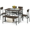 thumbnail image 1 of uhomepro 6-Piece Modern Dining Set for Home, Kitchen, Dining Room w/ Storage Rack, Rectangular Table, Bench, 4 Wooden Chairs, Steel Frame - Brown and Black, 1 of 11