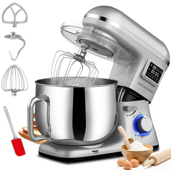 UHOMEPRO 8.5QT Stand Mixer with LED Display, 6 Speeds Tilt-Head 660W Kitchen Dough Mixer, 3-In-1 Home Commercial Electric Cake Mixer With Dough Hook, Beater, Egg Whisk, Dishwasher Safe, Silver