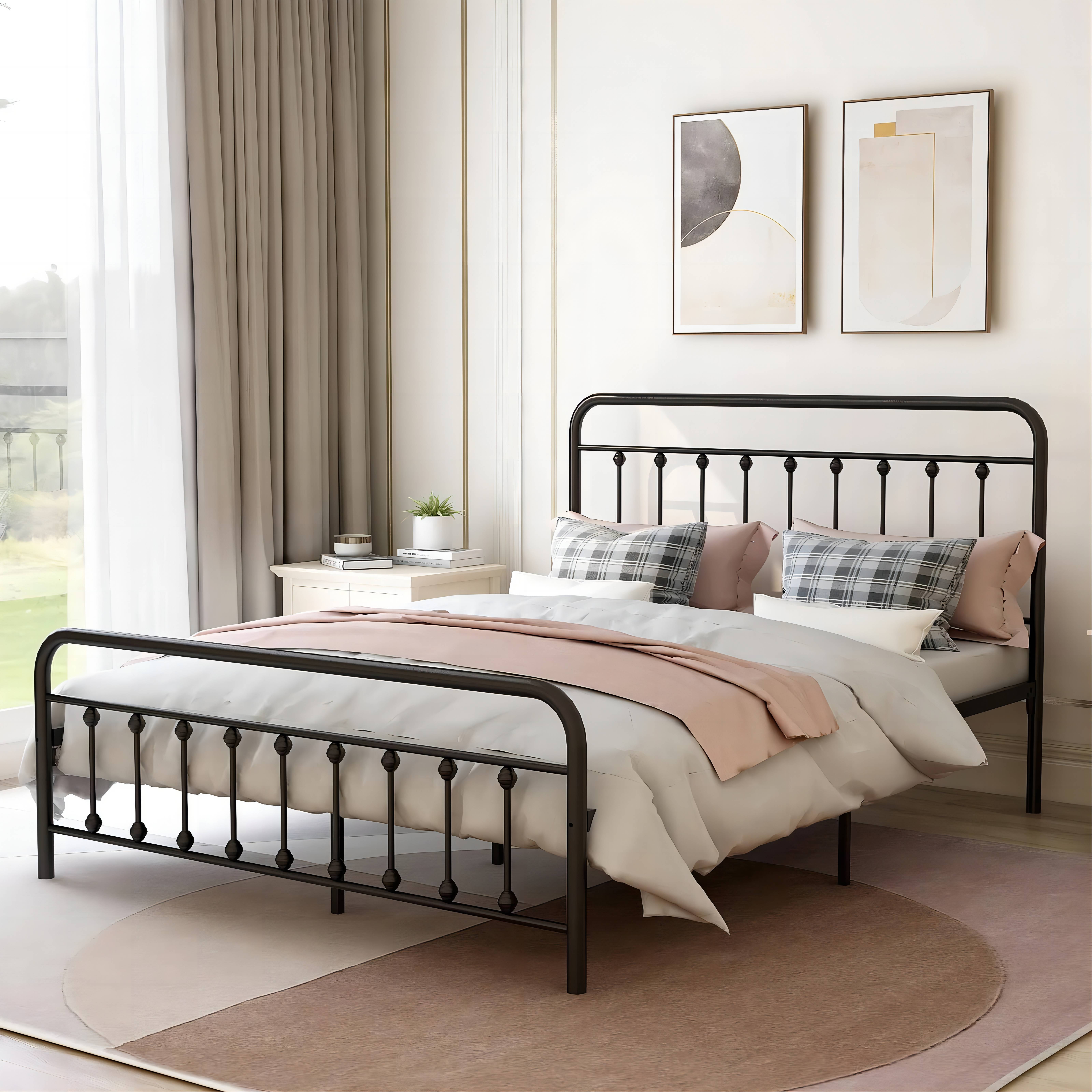 Uhomepro Queen Victorian Vintage Metal Platform Bed with Headboard Black