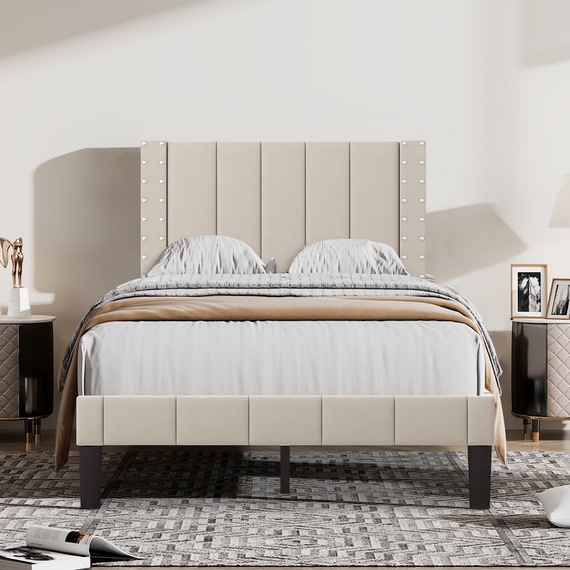 uhomepro Beige Twin Bed Frame for Adults Kids, Modern Fabric