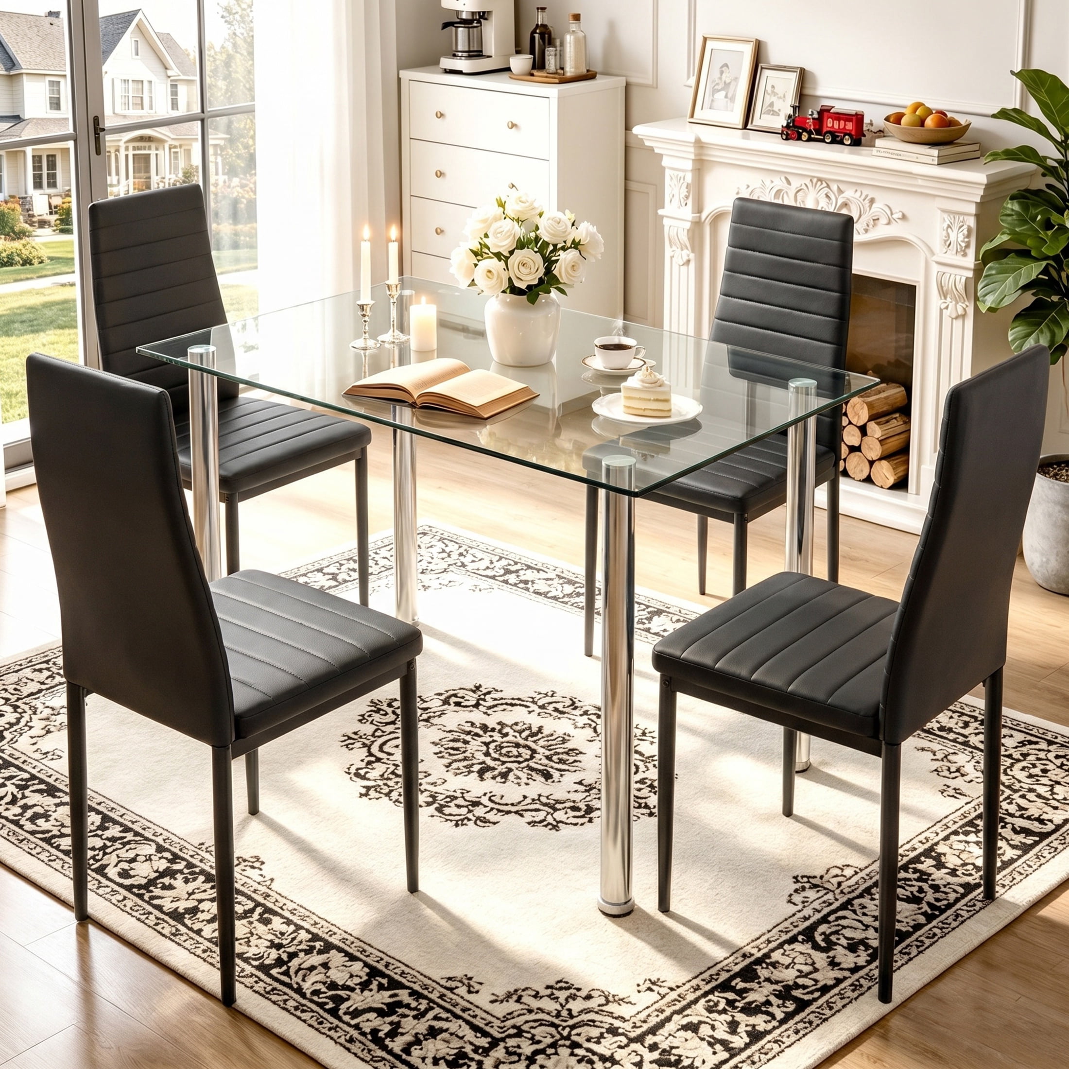 UHOMEPRO Black Kitchen Table Set, 5 Pieces Dining Table Set, Tempered Glass Dining Table and Chairs Set for 4, Upgraded Iron Dining Room Table Set with 4 PU Leather Chairs