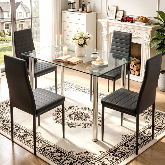 UHOMEPRO Black Kitchen Table Set, 5 Pieces Dining Table Set, Tempered Glass Dining Table and Chairs Set for 4, Upgraded Iron Dining Room Table Set with 4 PU Leather Chairs