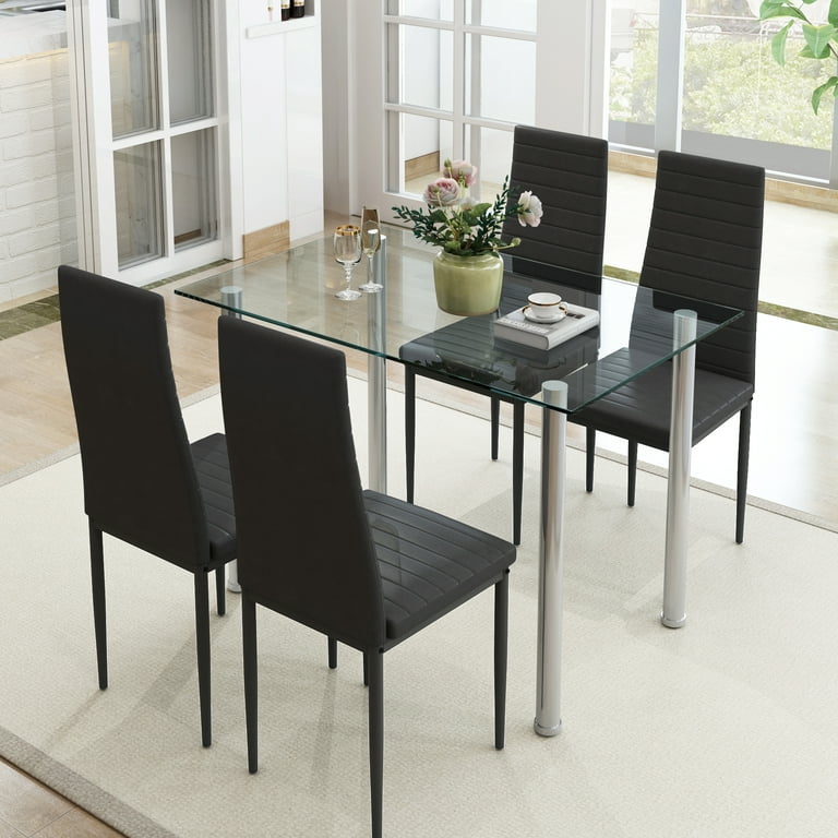 DORTALA 5 Piece Dining Table and Chairs Set, Metal Frame Home Kitchen  Dinette Dining Room Furniture for 4 Person, Modern Dining Table Set with  Glass Table Top & 4 Leather Padded Chairs