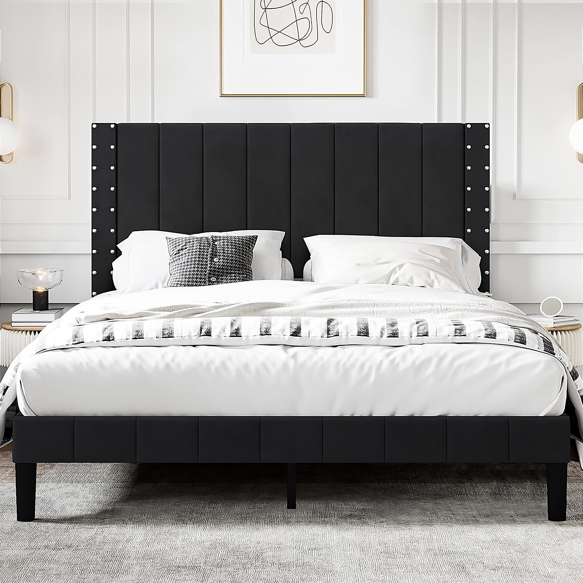 uhomepro Black Queen Bed Frame with Velvet Upholstered Headboard ...