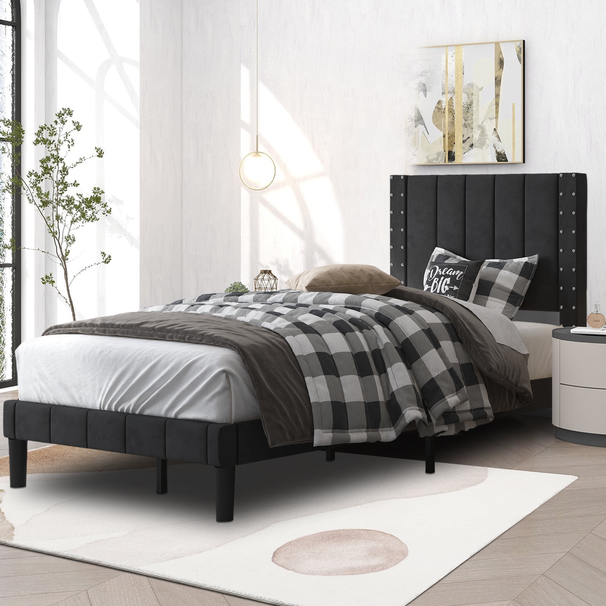 uhomepro Black Twin Bed Frame for Adults Kids, Modern Fabric