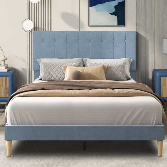 uhomepro Blue Full Bed Frame for Adults Kids, Modern Fabric Upholstered Platform Bed Frame with Headboard, Full Size Bed Frame Bedroom Furniture with Wood Slats Support, No Box Spring Needed