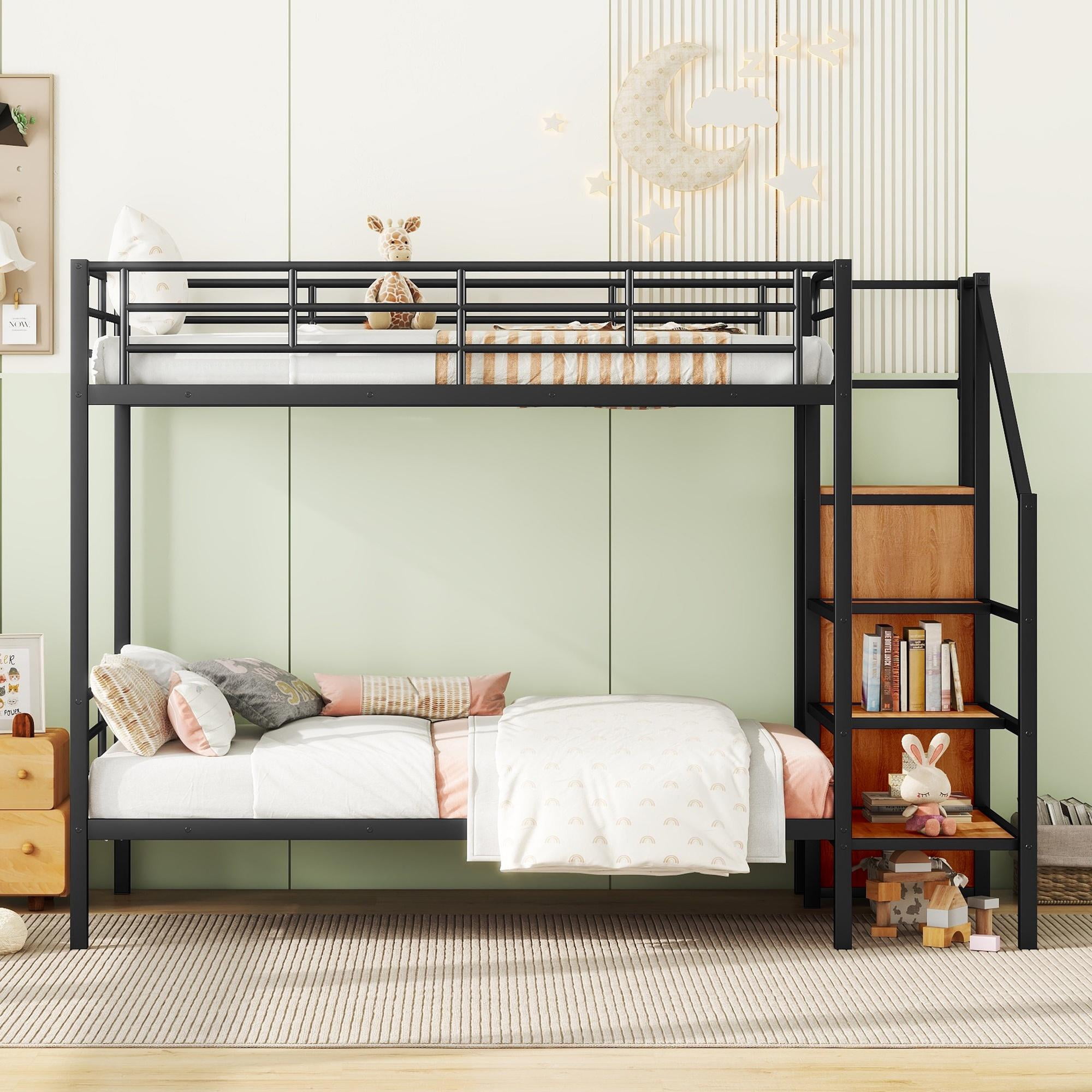 uhomepro Bunk Bed Twin Over Twin Metal Bunk Beds with Lateral Storage