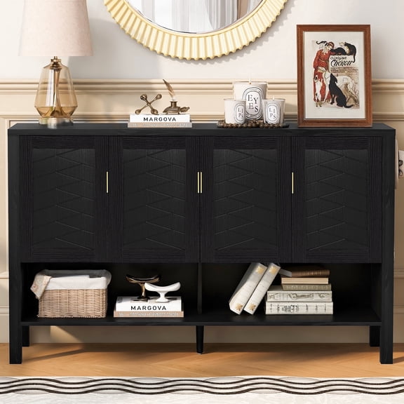 UHOMEPRO Buffet Cabinet with Storage, Modern Sideboard with 4 Doors and Adjustable Shelves Open Shelf, Credenza Sideboard Cabinet for Dining Room, Living Room, Black
