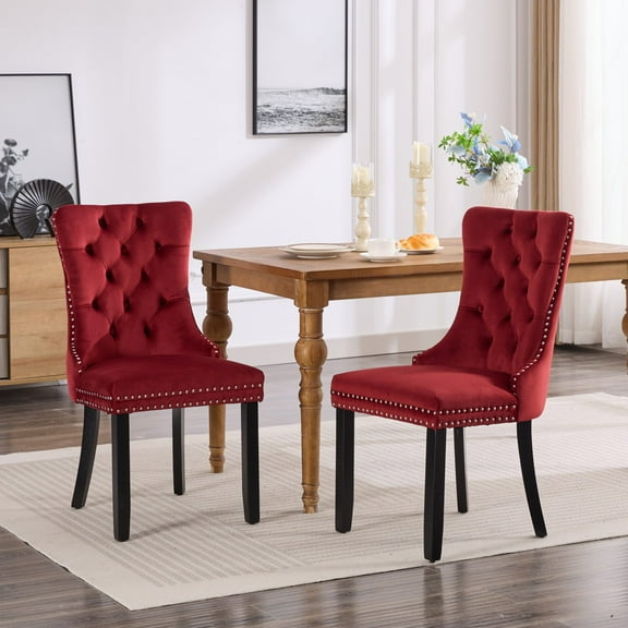 UHOMEPRO Dining Room Chairs Set of 2, Tufted Velvet Upholstered Dining Chair with Nailhead Trim and Solid Wood Legs, Accent Side Chair for Bedroom, Living Room, Red