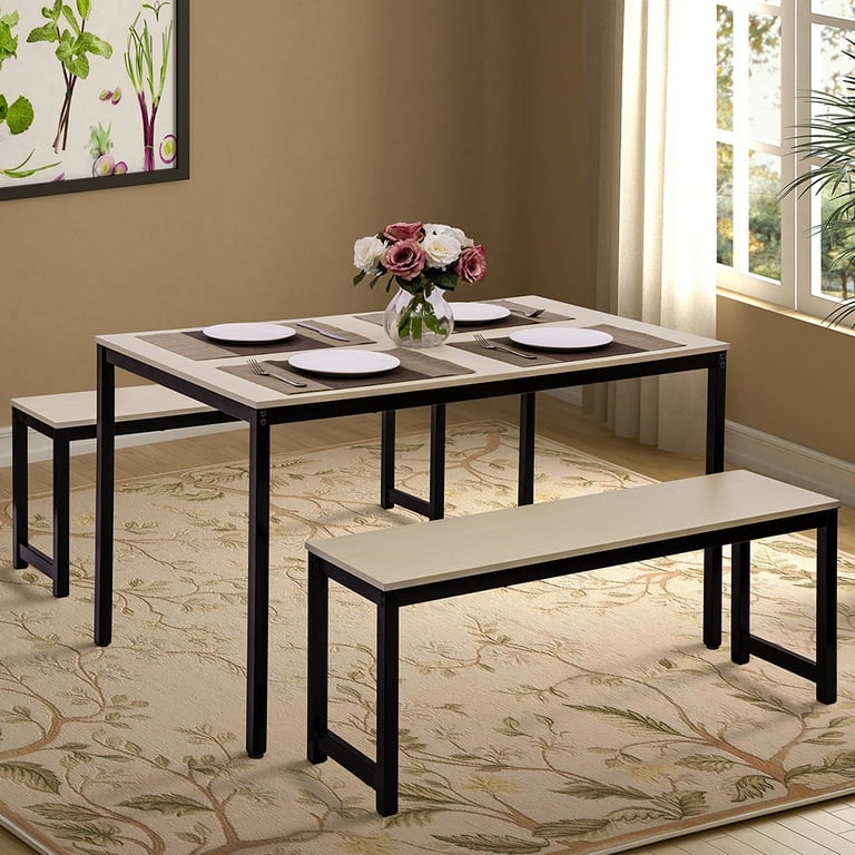 uhomepro Dining Room Table Set 3 Piece Breakfast Nook Dining Table Set with Two Benches Dining Room Table Set Kitchen Table Set with Metal Frame