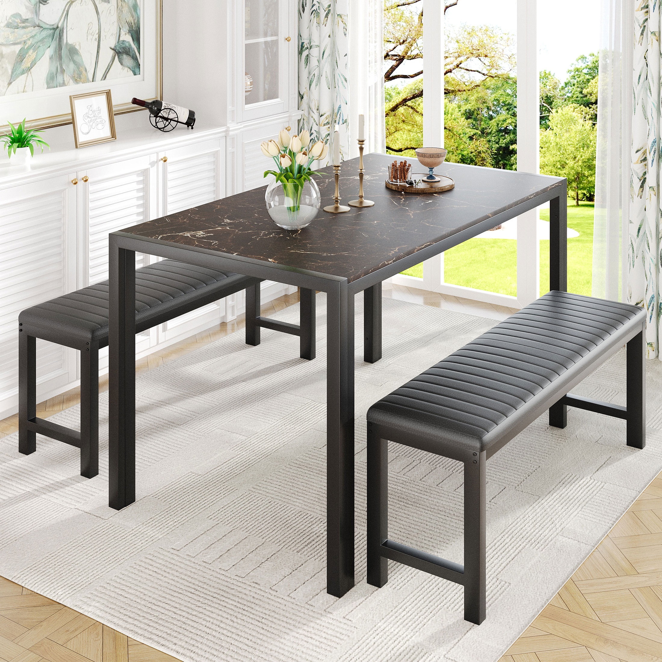 UHOMEPRO Dining Room Table Set, 3-Piece Marble Top Breakfast Nook Dining Table Set with 2 Upholstered Benches, Kitchen Table Set with Metal Frame, UHOMEPRO Dining Room Table Set, 3-Piece Marble Top Breakfast Nook Dining Table Set with 2 Upholstered Benches, Kitchen Table Set with Metal Frame,