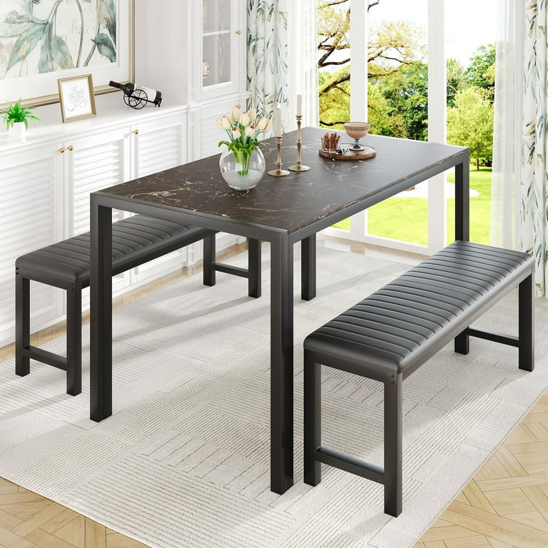 UHOMEPRO Dining Room Table Set 3 Piece Marble Top Breakfast Nook Dining Table Set with 2 Upholstered Benches Kitchen Table Set with Metal Frame