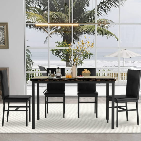 uhomepro Dining Table Set 5-Piece Dining Furniture Set, Dark Brown / Black