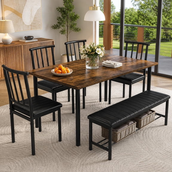 UHOMEPRO Dining Table Set for 6, Kitchen Table Set with 4 PU Leather Chairs and Bench, Dining Set with Storage Rack for Dining Room, Kitchen and Apartment, Brown and Black