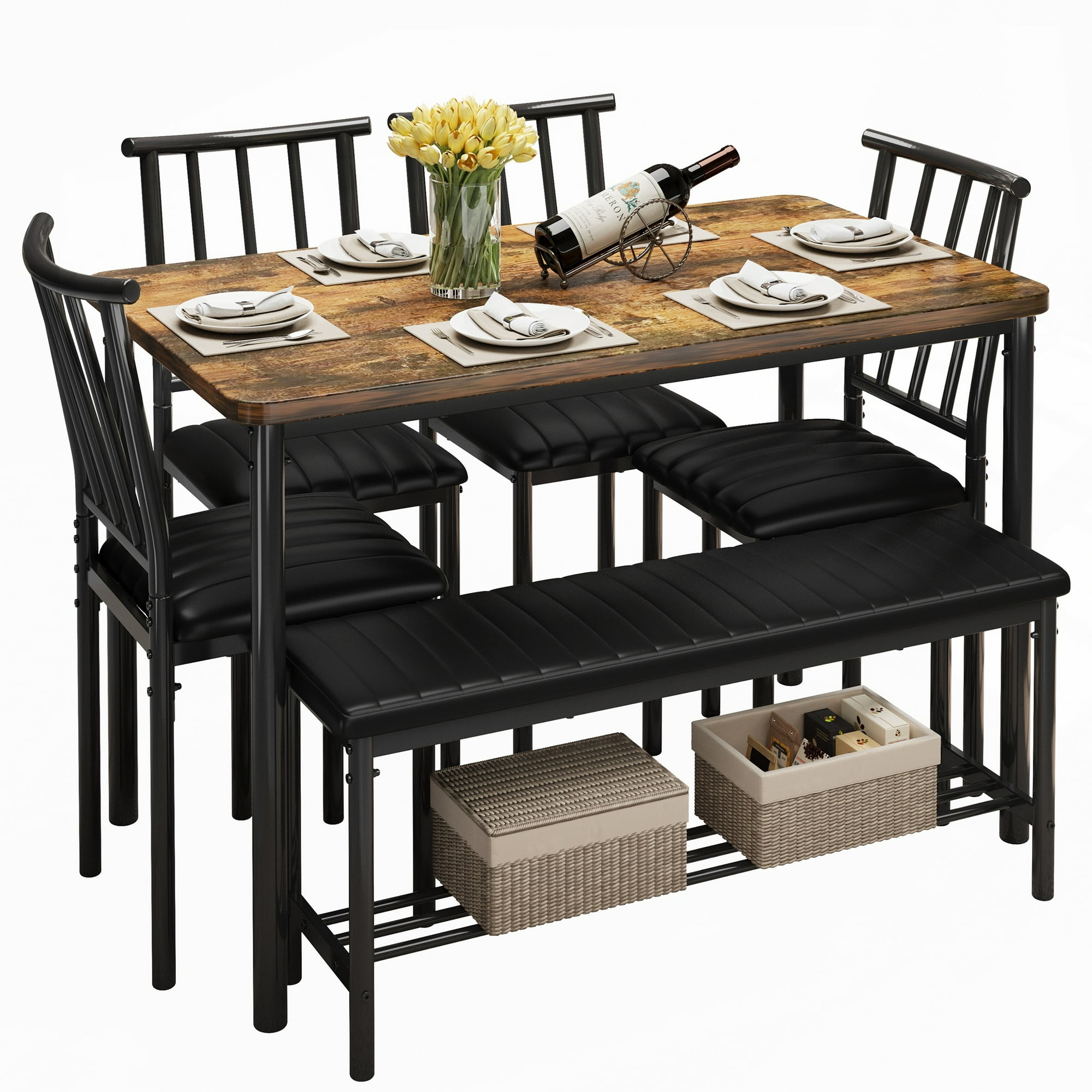 UHOMEPRO Dining Table Set for 6, Kitchen Table Set with 4 PU Leather Chairs and Bench, Dining Set with Storage Rack for Dining Room, Kitchen and Apartment, Brown and Black