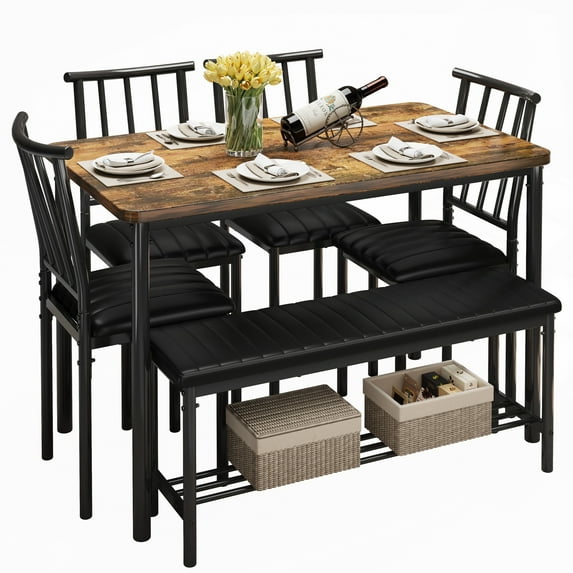 UHOMEPRO Dining Table Set for 6, Kitchen Table Set with 4 PU Leather Chairs and Bench, Dining Set with Storage Rack for Dining Room, Kitchen and Apartment, Brown and Black