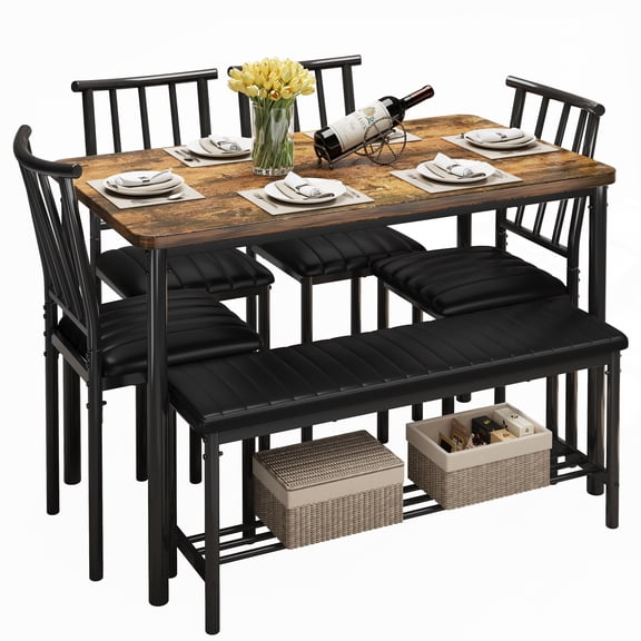 UHOMEPRO Dining Table Set for 6, Kitchen Table Set with 4 PU Leather Chairs and Bench, Dining Set with Storage Rack for Dining Room, Kitchen and Apartment, Brown and Black