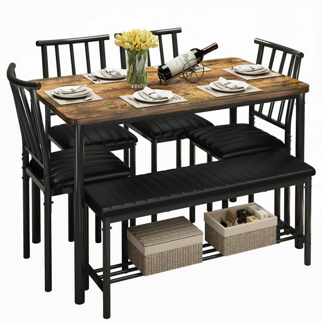 UHOMEPRO Dining Table Set for 6, Kitchen Table Set with 4 PU Leather Chairs and Bench, Dining Set with Storage Rack for Dining Room, Kitchen and Apartment, Brown and Black