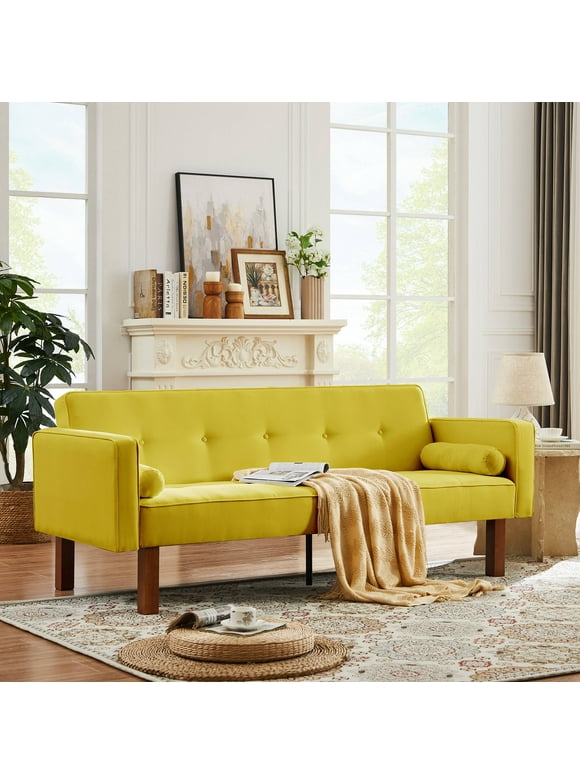 uhomepro Fabric Covered Futon Sofa Bed with Adjustable Backrest, Convertible Sofa and Couch for Living Room, Yellow