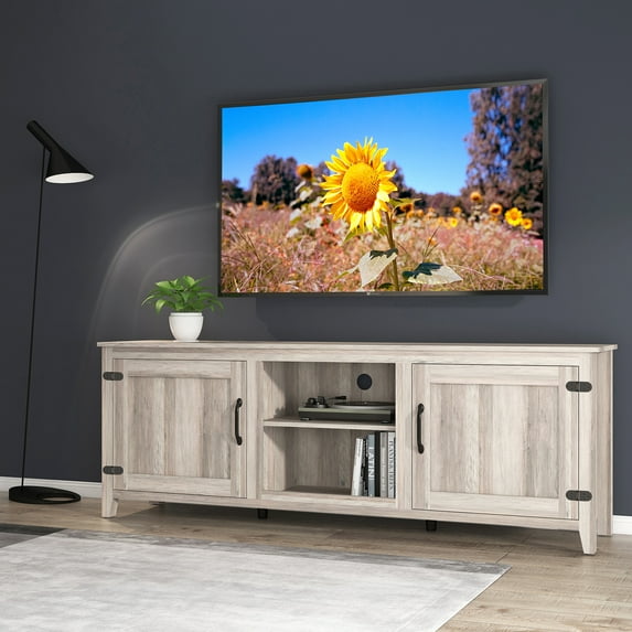 uhomepro Farmhouse TV Stand for TVs up to 65" Television, Entertainment Center Storage Shelves Furniture for Living Room, High Gloss TV Cabinet Console Table with Barn Doors, Grey
