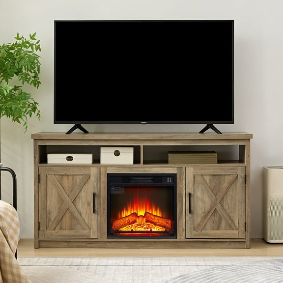 UHOMEPRO TV Stand with 18" Fireplace Insert, Entertainment Center with Open Shelves and Closed Cabinets for TVs, TV Cabinet for TVs up to 65", Gray Wash