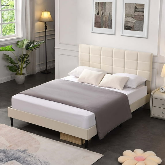 uhomepro Full Bed Frame, Modern Upholstered Platform Bed with Square Tufted Upholstered Headboard, Heavy Duty Full Bed Frame with Wood Slat Support, No Box Spring Required, Beige