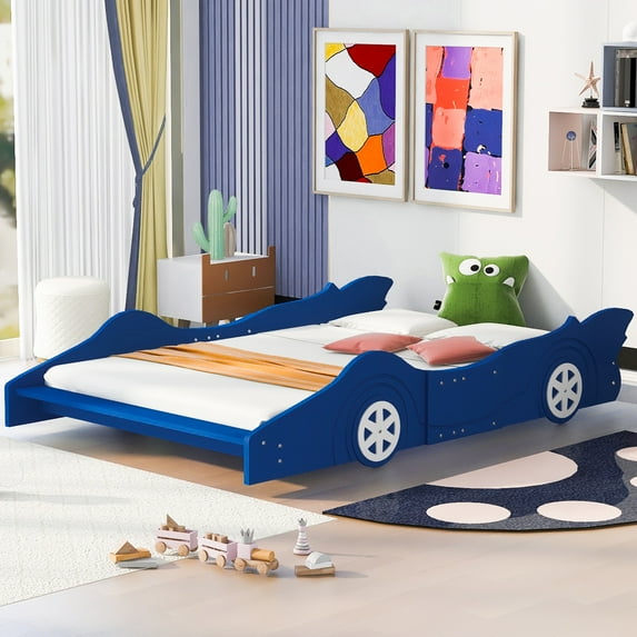 uhomepro Full Bed Frame, Race Car-Shaped Platform Bed Frame with Wood Slats Support, Cute Bed Furniture for Bedroom, No Box Spring Needed, Blue