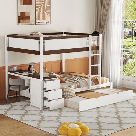 uhomepro Full over Full Bunk Bed with Desk and Trundle, USB Charging Station and 3 Drawers, Solid Wood Bunk Bed Frame for Kids Teens Adults, Maximum Space Design, No Box Spring Required, White+Walnut