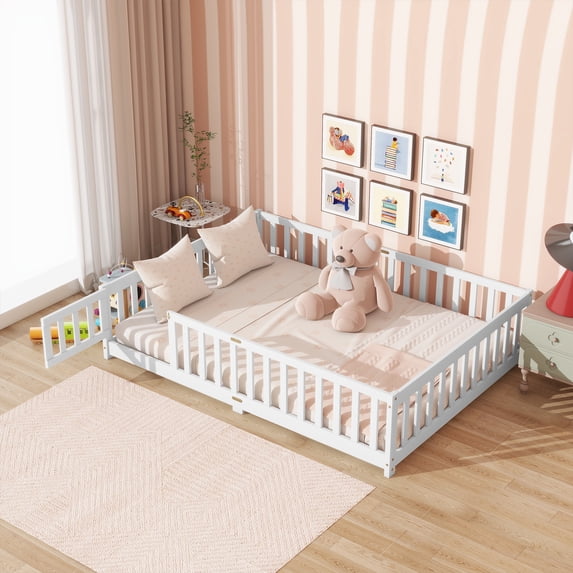 Full Size Kids Toddler Floor Bed with Door and Fence, UHOMEPRO Montessori Floor Bed with Slats and Safety Guardrails, Solid Wood Full Bed Frame for Bedroom, White