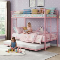 Twin Over Twin Metal Bunk Beds with Trundle Bed, UHOMEPRO Heavy Duty Bunkbed with Safety Guard Rails, 2 Ladders, Durable Bunk Beds Twin Over Twin Size for Kids Teens, Dorm Room Bedroom, Pink