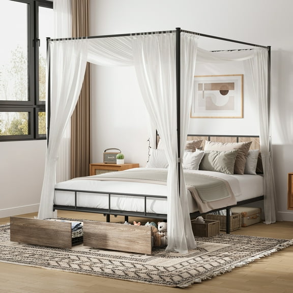 Queen Size Canopy Bed Frame with 2 Storage Drawers, UHOMEPRO Platform Bed Frame with Wooden Headboard and Footboard, Canopy Bed Curtain Not Included, Large Under Bed Space, Easy Assembly, Black+Brown