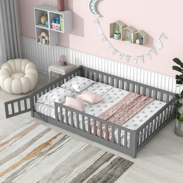 uhomepro Full Size Wood Floor Bed Frame with Fence and Door for Kids