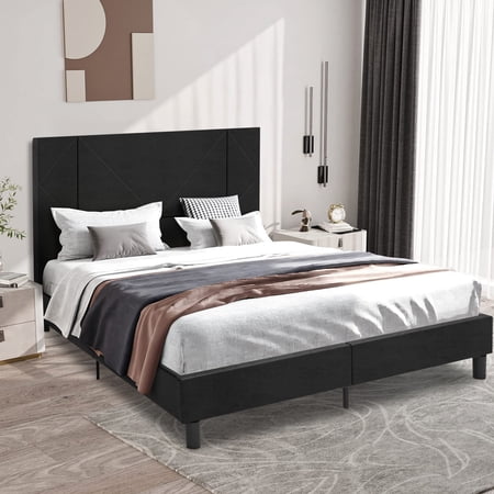 uhomepro Full Velvet Upholstered Platform Bed with Headboard, Black/Gray
