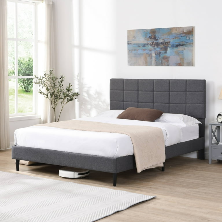 uhomepro Gray Upholstered Platform Bed Queen Size Bed Frame with Solid Wooden Slat Support and Square Tufted Upholstered Headboard Heavy Duty Queen