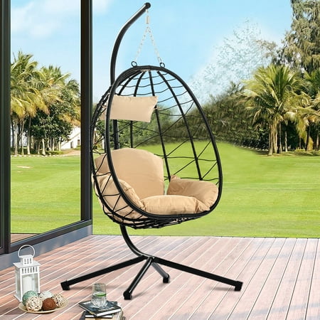 uhomepro Indoor Outdoor Swing Egg Chair with Stand, Wicker Hanging Egg Chair for Balcony Backyard Patio Poolside with Removable Cushions, Headrest Pillow, Steel Frame, Khaki