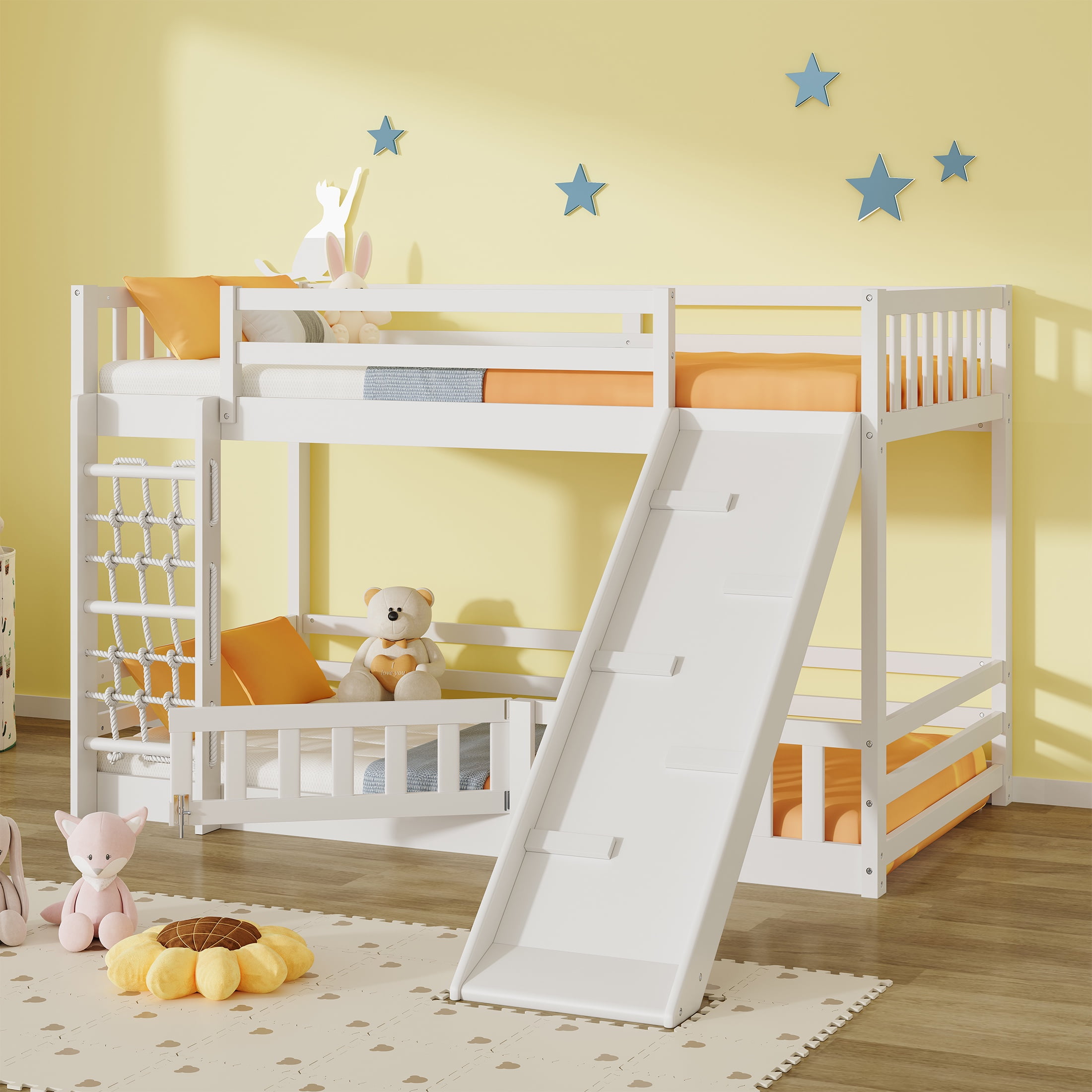 Euroco Twin over Queen Bunk Bed with Climbing Nets and Ramp for Kids Bedroom White