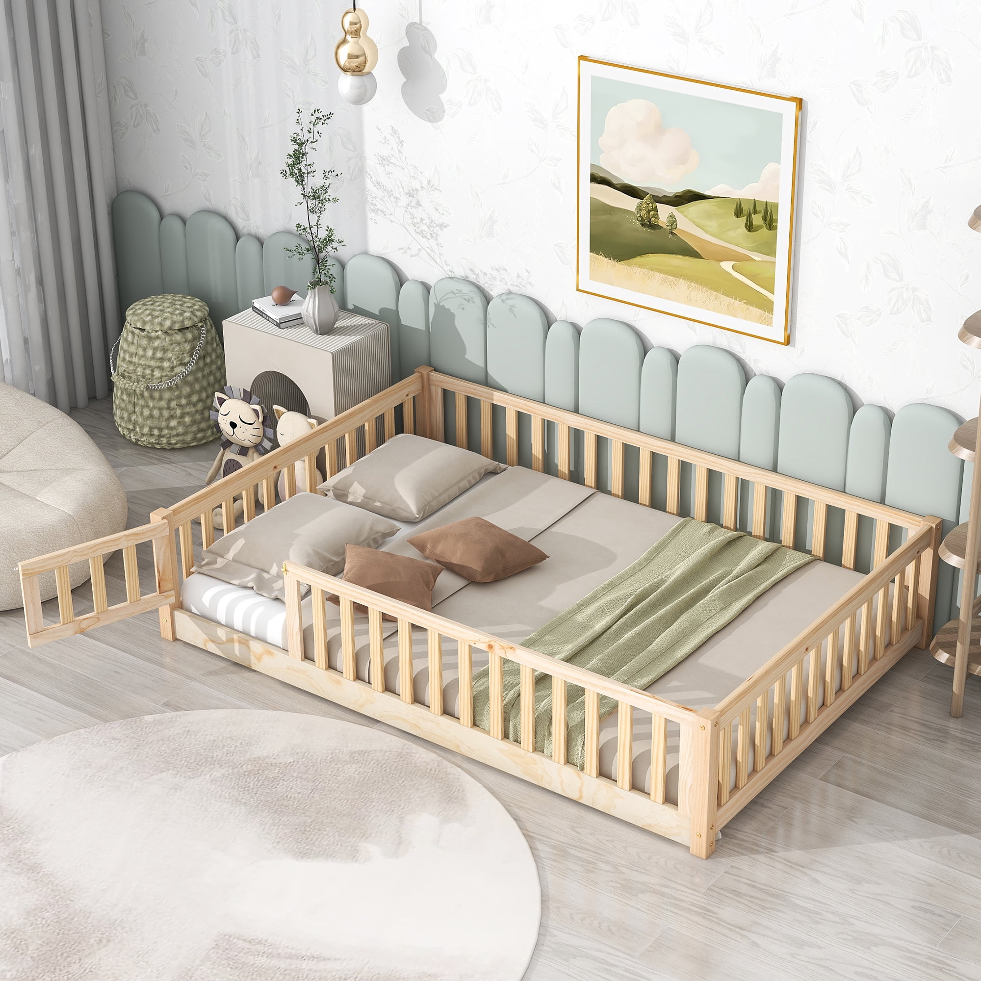 UHOMEPRO Full Size Floor Bed with Door and Fence for Kids, Toddler Bed Montessori Floor Bed with Slats and Safety Guardrails, Solid Wood Full Bed Frame for Girls Boys Kids Bedroom, Natural