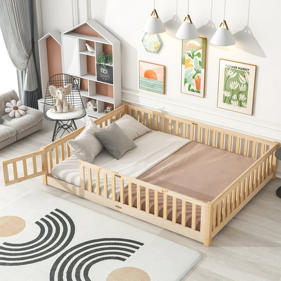 UHOMEPRO Queen Size Floor Bed with Door and Fence for Kids, Toddler Bed Montessori Floor Bed with Slats and Safety Guardrails, Solid Wood Queen Bed Frame for Girls Boys Kids Bedroom, Natural