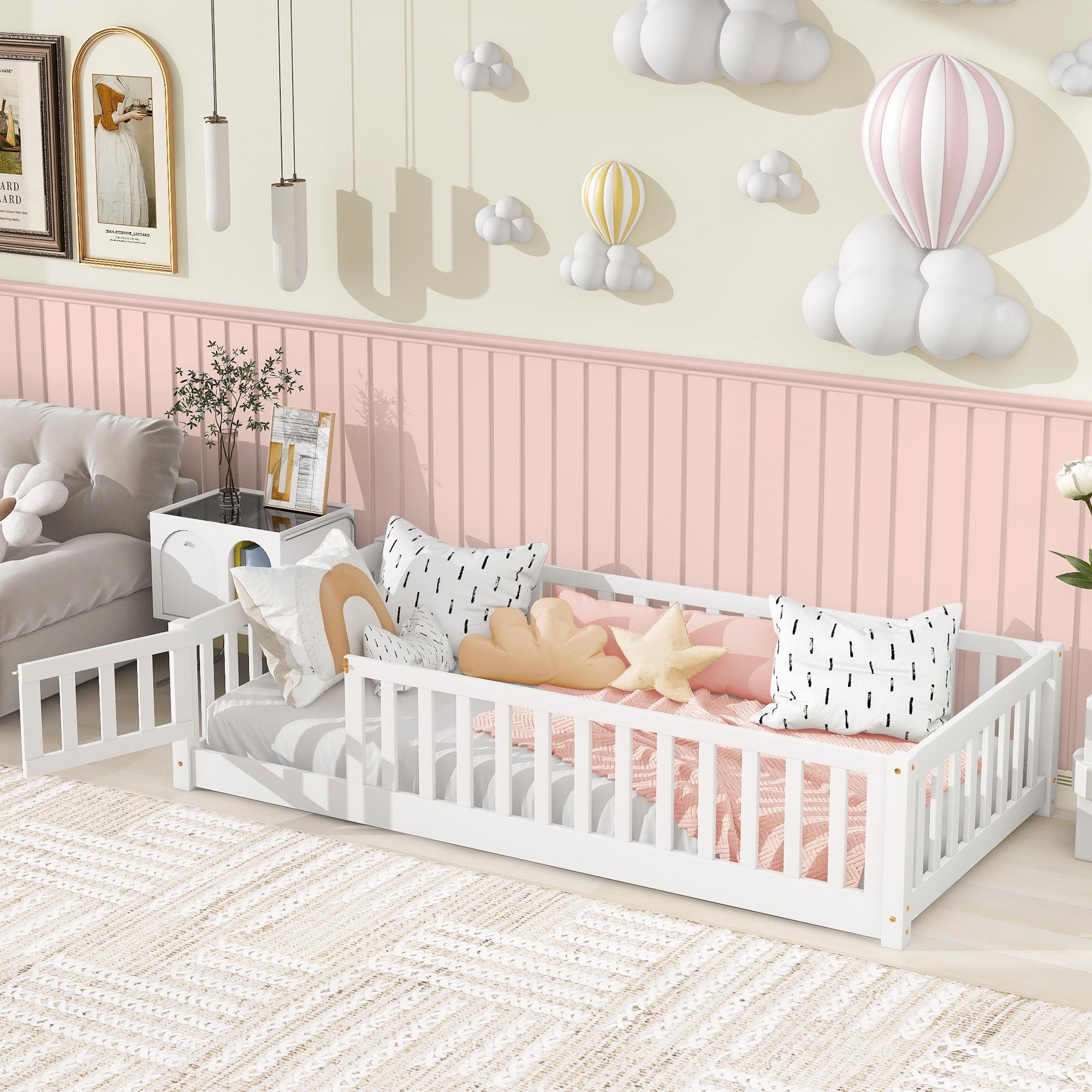 uhomepro Toddler Bed with Fence, Door & Rails, Twin Size Wood Frame Montessori Floor Bed, No Box Spring Needed, White
