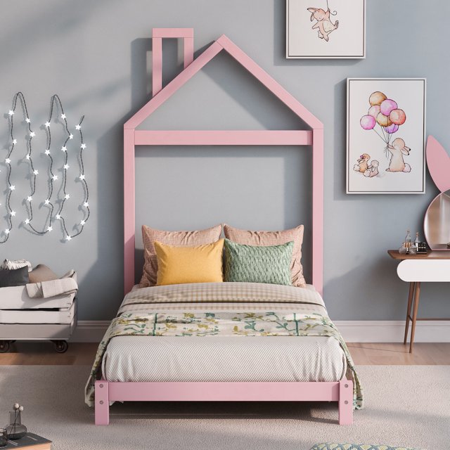 uhomepro Kids Twin Bed Frame with House Frame Headboard, Pretty
