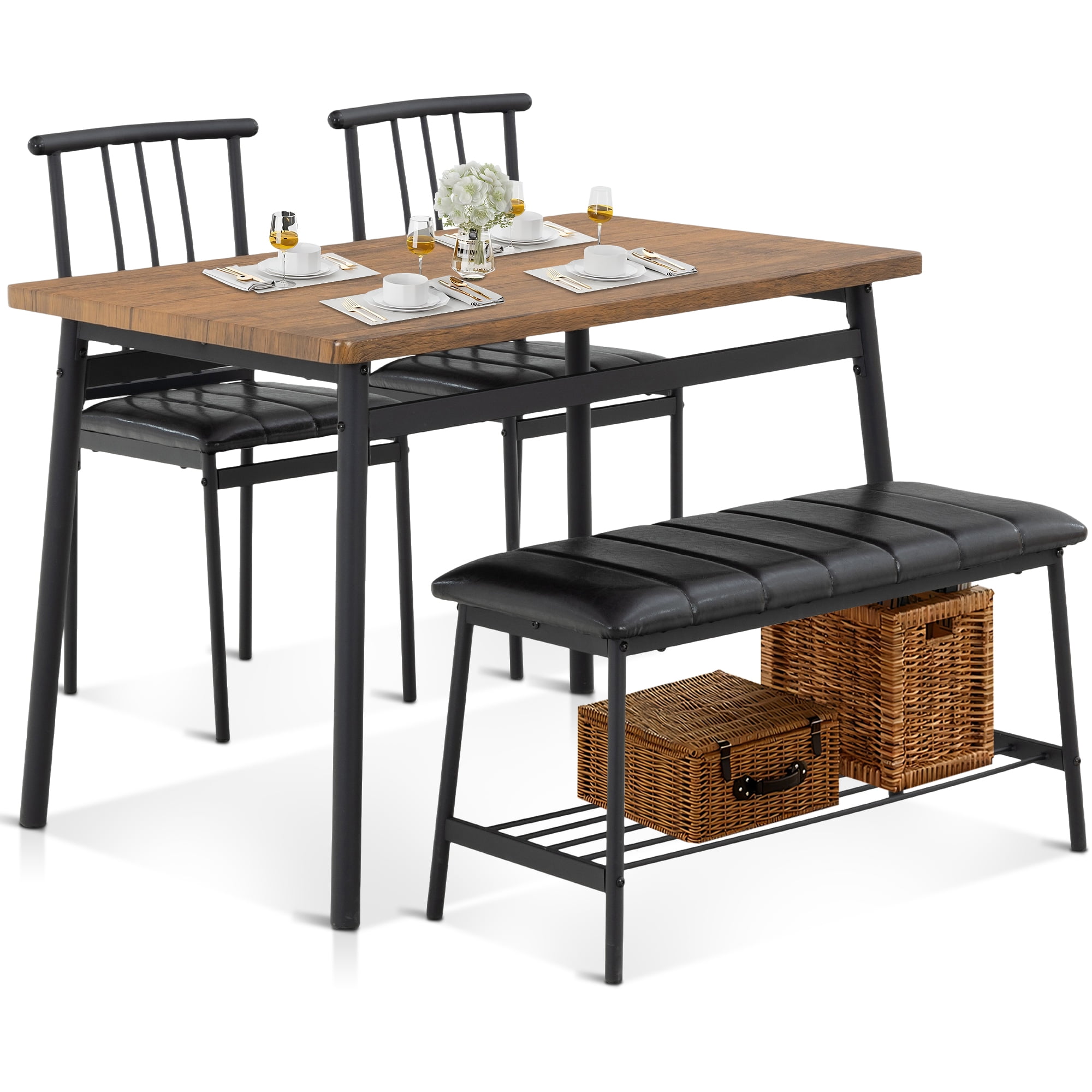 uhomepro Kitchen Table and 2 Chairs for 4 with Bench, 4 Piece Dining