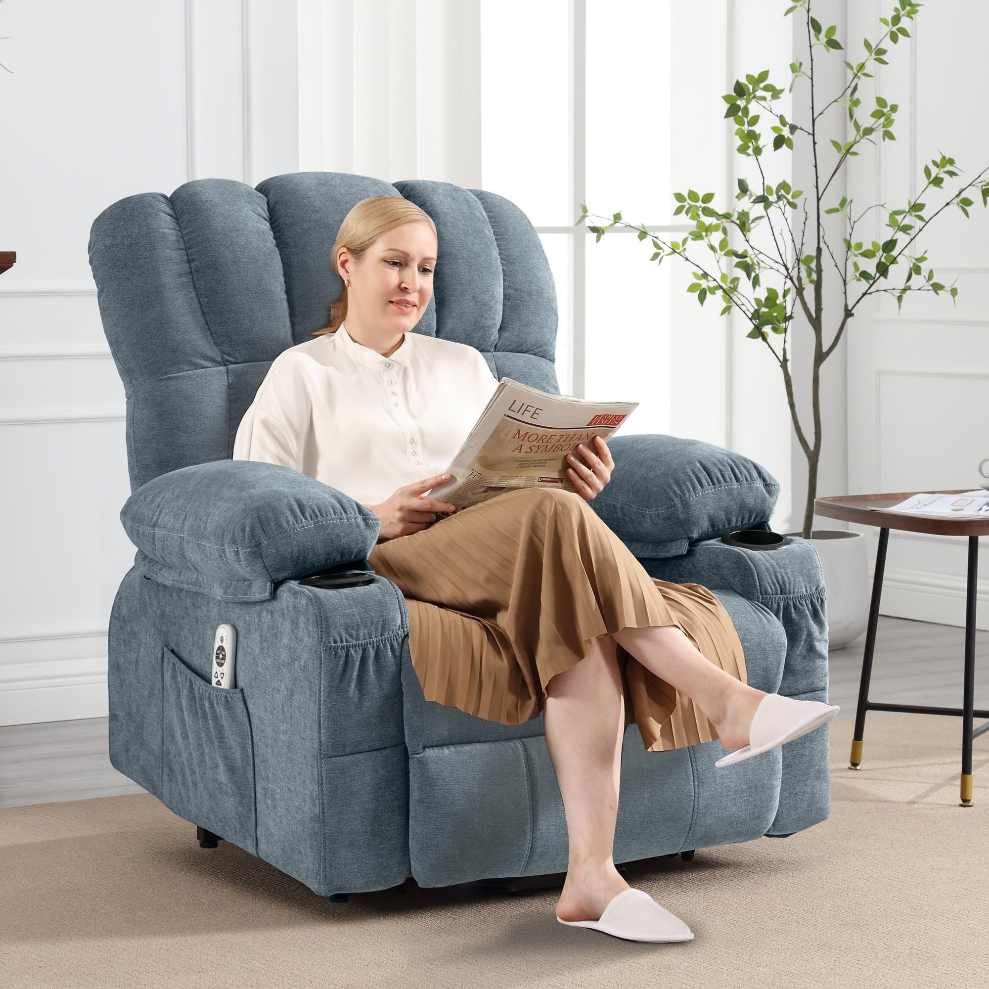 UHOMEPRO Power Lift Recliner Chair Sofa with Massage and Heat for Elderly Living Room Fabric Recliner with Infinite Positions Cup Holders USB Port