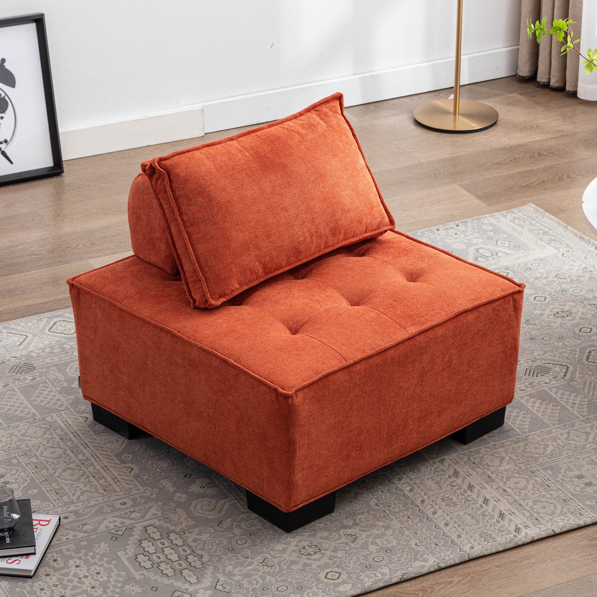 uhomepro Large Square Ottoman Sofa Tufted Upholstered Fabric Accent Chair Ottoman with Pillow Oversized Side Sofa Ottoman Chair for Relaxing Reading and Watching TV Orange Walmart