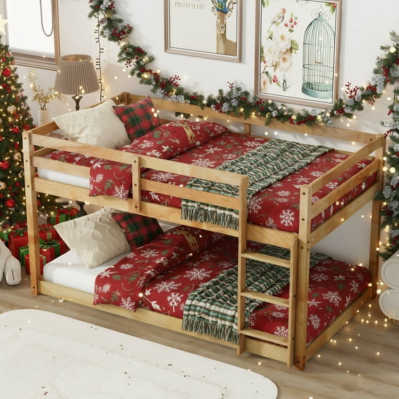 Twin Over Twin Bunk Bed, UHOMEPRO Solid Wood Bunk Bed with High Safety Rail, Ladder, Heavy Duty Bunk Beds, Space-Saving Bedroom Dorm Room Furniture, Natural