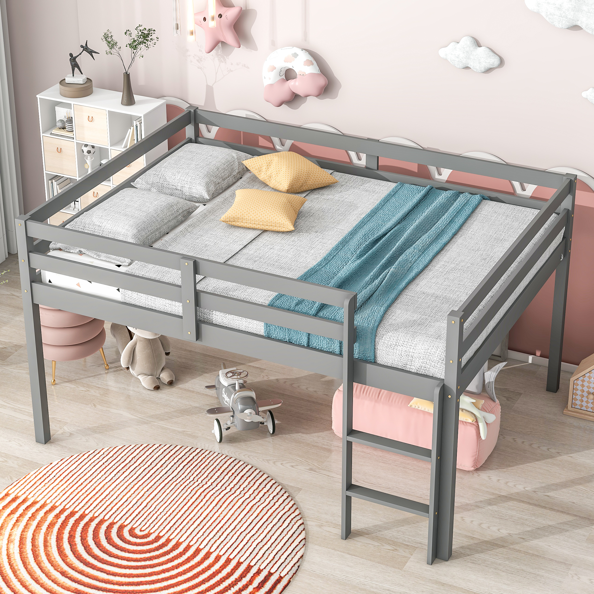 uhomepro Low Loft Bed for Kids, Full Size Low Profile Loft Bed with