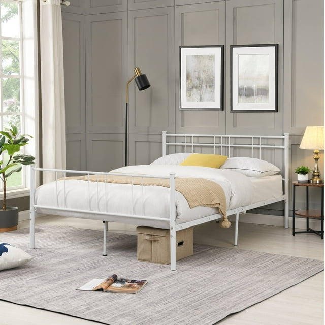 uhomepro Metal Bed Frame for Adults Teens Kids, Modern Full Size Platform Bed Frame with Headboard and Footboard, Bedroom Furniture with Metal Slat Support, No Box Spring Needed, White, Q18801