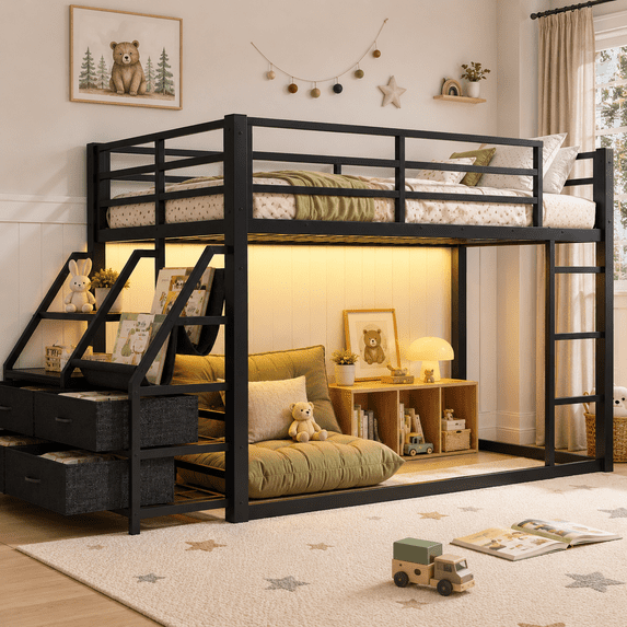 UHOMEPRO Twin over Twin Metal Bunk Bed with Storage Shelves and Drawers, LED Lights, Guardrails and Ladder, No Box Spring Needed for Boys Girls, Black