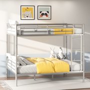 uhomepro Metal Bunk Bed Full Over Full, Heavy Duty Bed Frame with Safety Guard Rails, Flat Ladder, Durable Bunk Beds Full Over Full Size for Kids Teens Adults, Bedroom Furniture, White