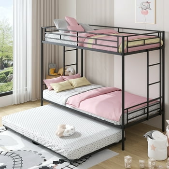 uhomepro Metal Twin Over Twin Bunk Beds with Trundle Bed, Twin Bunk Beds for Kids Adults Teens, Bunk Bed Can Be Divided Into 2 Twin Beds with Trundle, 2 Ladders, No Box Spring Need, Black